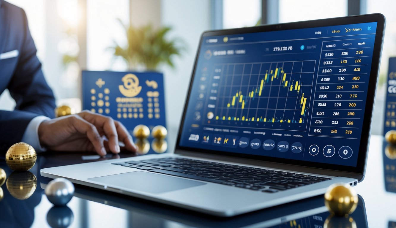 Seorang profesional menggunakan laptop di meja dengan simbol shio dan bola togel di ruang kantor yang bersih dan terang.