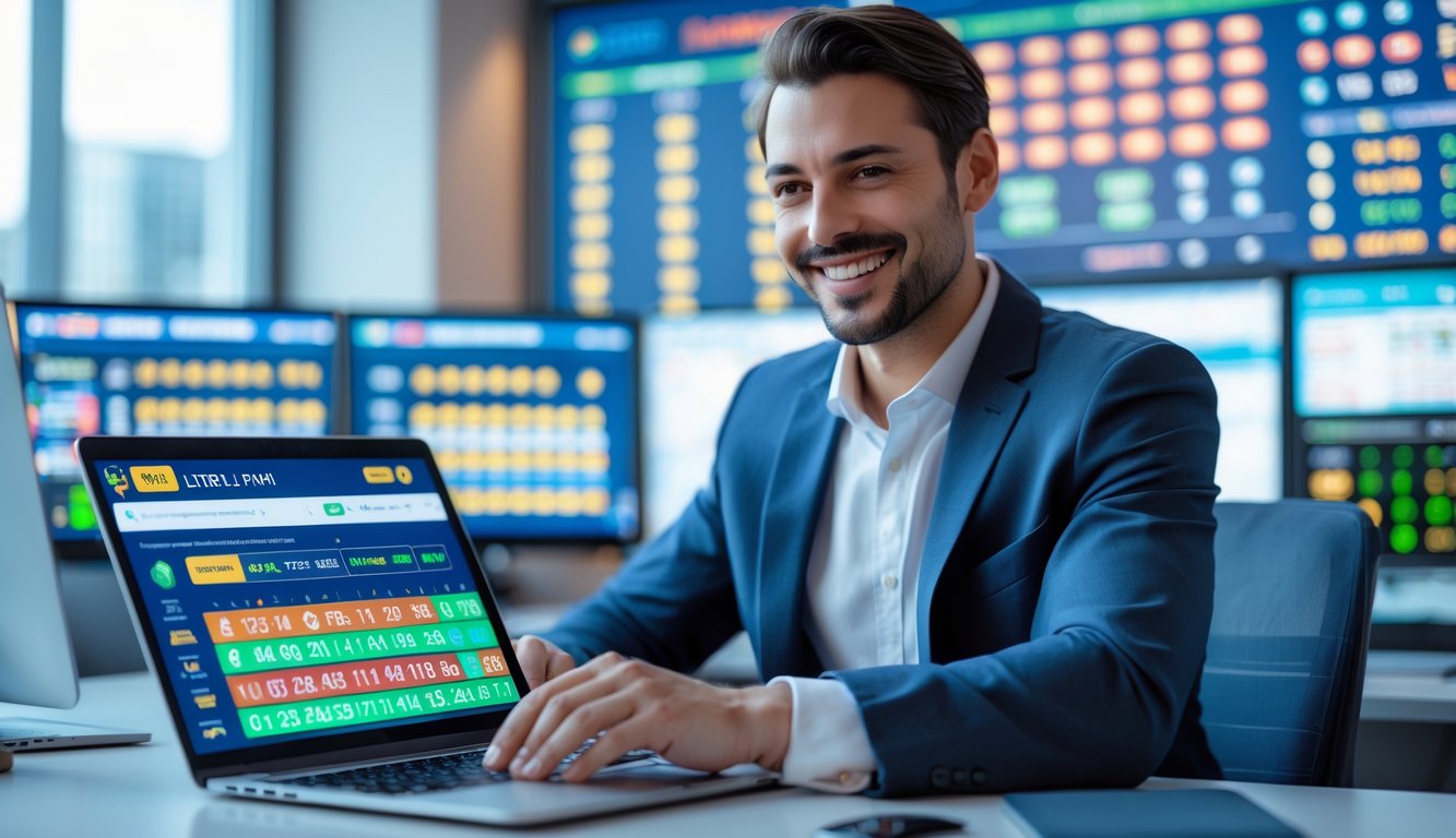 Seorang agen judi togel online yang percaya diri sedang bekerja di meja kantor modern dengan laptop dan layar digital menampilkan angka togel dan statistik.