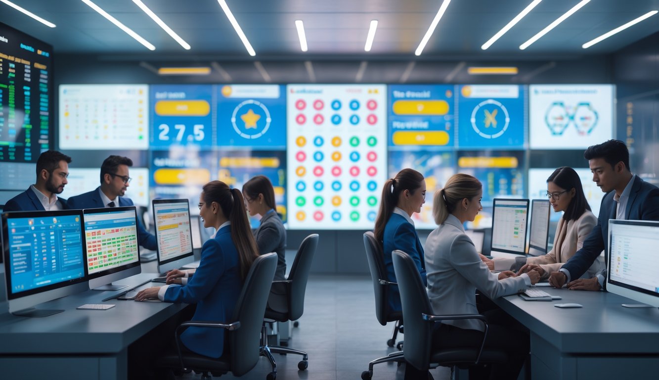 Suasana kantor modern dengan beberapa orang profesional yang sedang bekerja menggunakan komputer dan tablet, menampilkan simbol togel dan shio di layar.