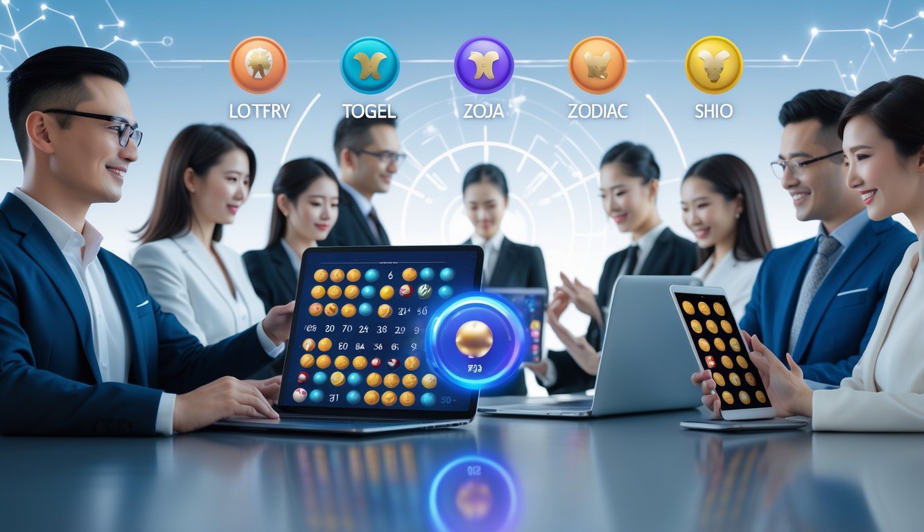 Sekelompok orang menggunakan perangkat digital yang menampilkan simbol togel dan shio dengan latar belakang grafik bertema keberuntungan dan keamanan.