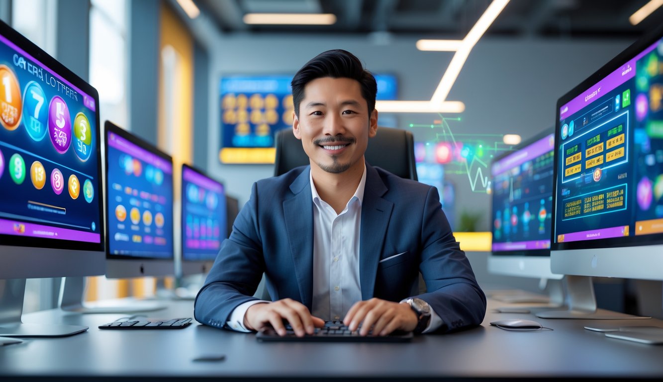 Seorang pria Asia duduk di meja modern dengan beberapa layar komputer menampilkan antarmuka togel dan judi online, di dalam ruangan kantor yang terang dan modern.
