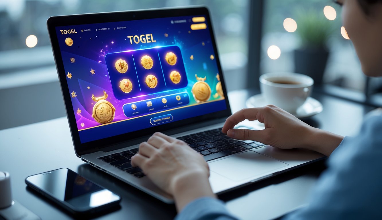 Seseorang menggunakan laptop di meja kerja dengan tampilan situs judi togel online yang menampilkan simbol hewan shio, di sekitar meja terdapat ponsel dan cangkir kopi.