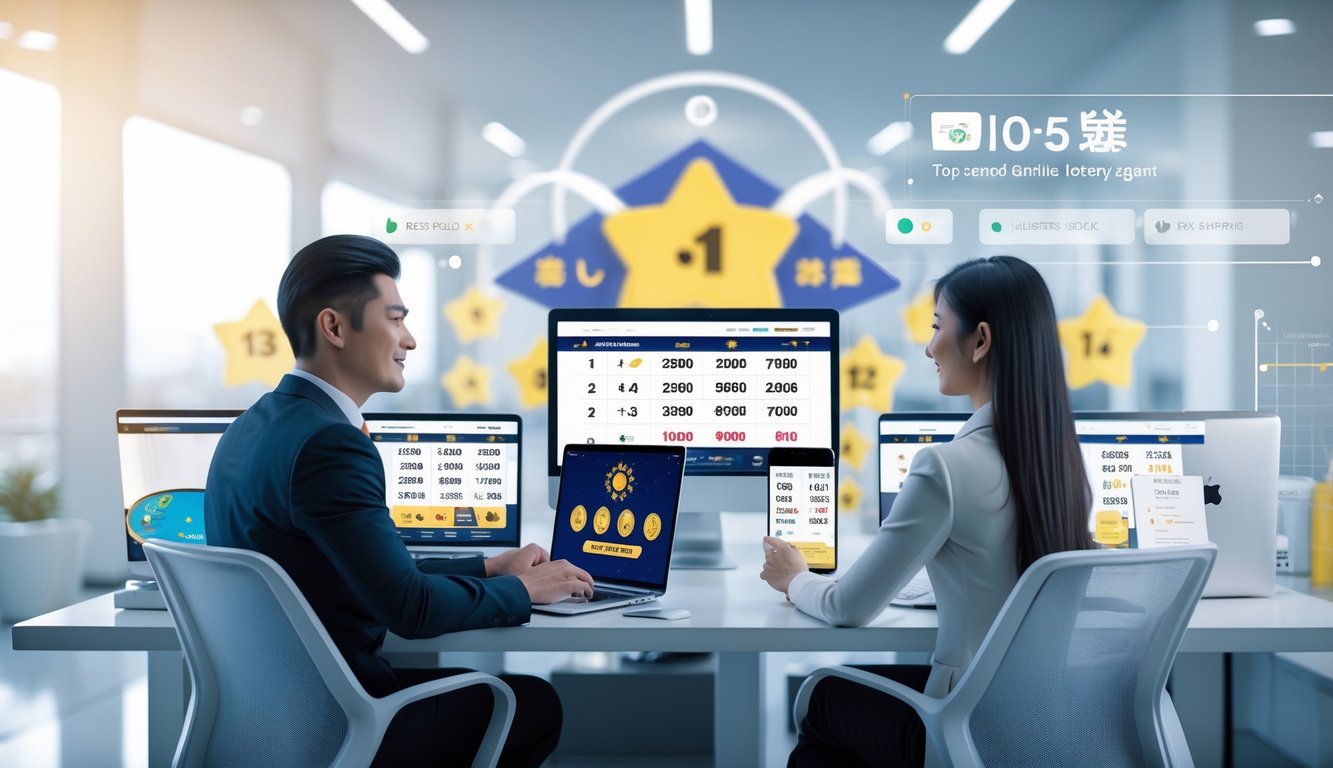 Seorang pria dan wanita Asia duduk di meja dengan perangkat digital menampilkan angka togel dan simbol shio, di ruang kantor modern yang terang dan rapi.