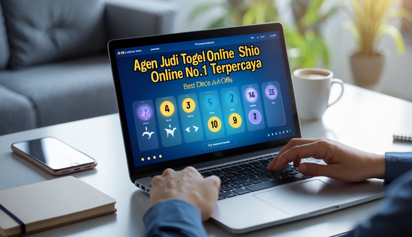 Seseorang menggunakan laptop di meja kerja dengan layar menampilkan antarmuka lotere online dan beberapa elemen seperti ponsel dan cangkir kopi di sekitarnya.