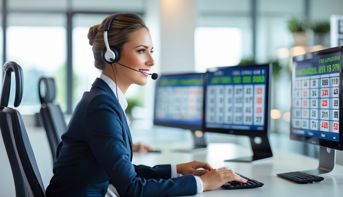 Seorang perwakilan layanan pelanggan yang percaya diri duduk di meja kantor modern dengan beberapa monitor komputer menampilkan angka togel.