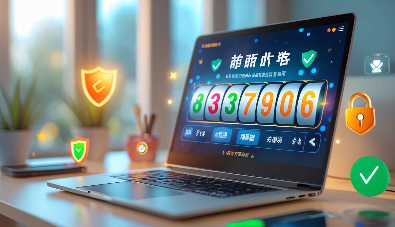 Seorang pengguna duduk di depan laptop dengan tampilan antarmuka lotere digital dan simbol shio, di meja yang rapi dengan elemen keamanan seperti ikon gembok dan perisai.