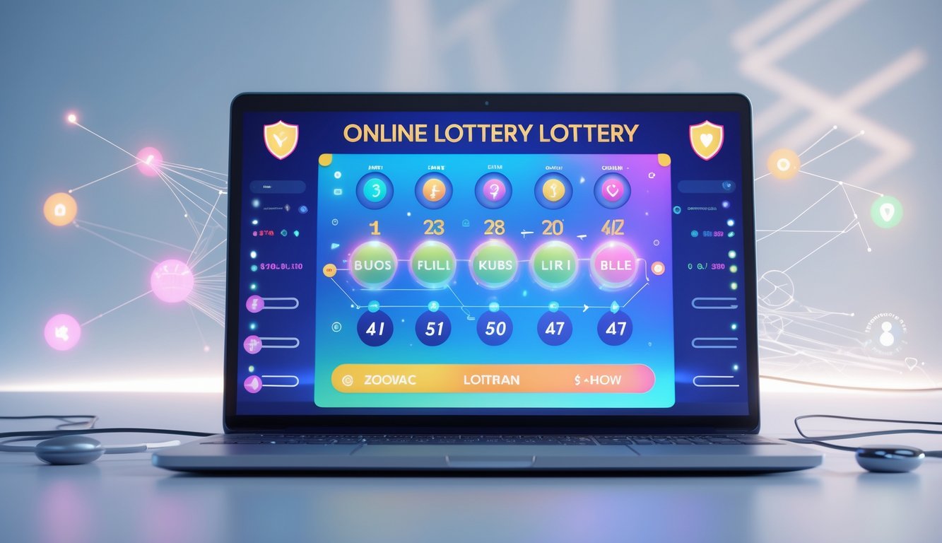 Sebuah laptop modern menampilkan antarmuka permainan togel online dengan simbol shio dan grafik digital, dikelilingi oleh ikon keamanan di latar yang bersih.