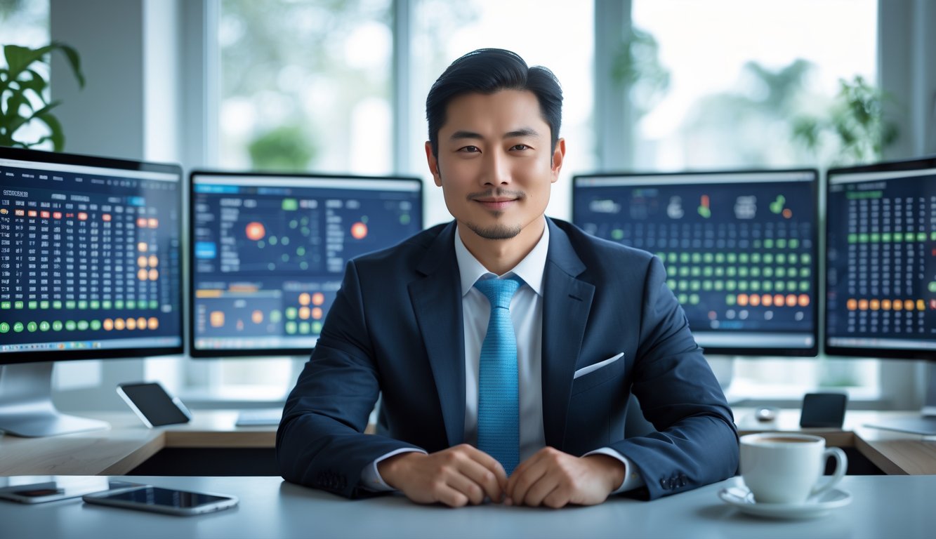 Seorang pria Asia berpakaian rapi duduk di meja kantor modern dengan beberapa layar komputer menampilkan grafik dan angka terkait togel online.