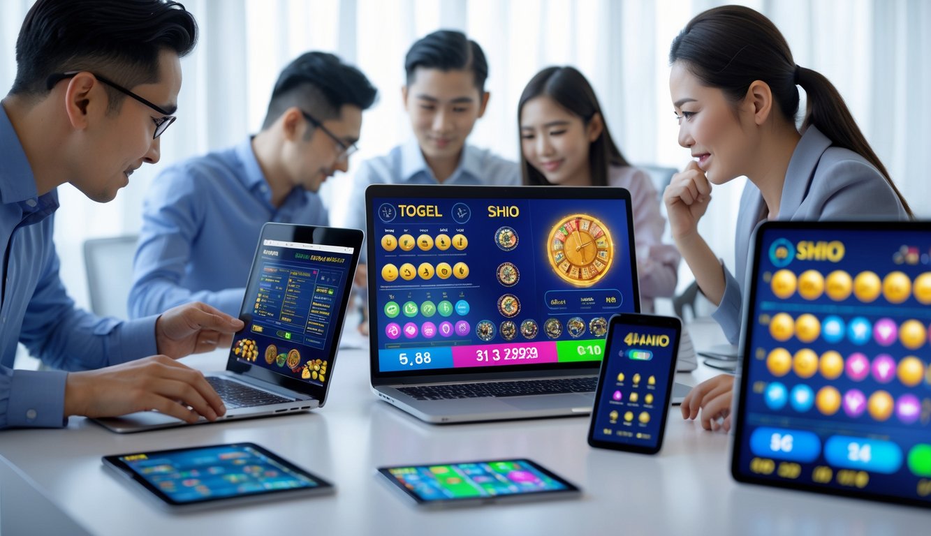Beberapa orang sedang menggunakan perangkat digital untuk bermain dan menganalisis permainan togel dan shio online di ruang kerja yang rapi.