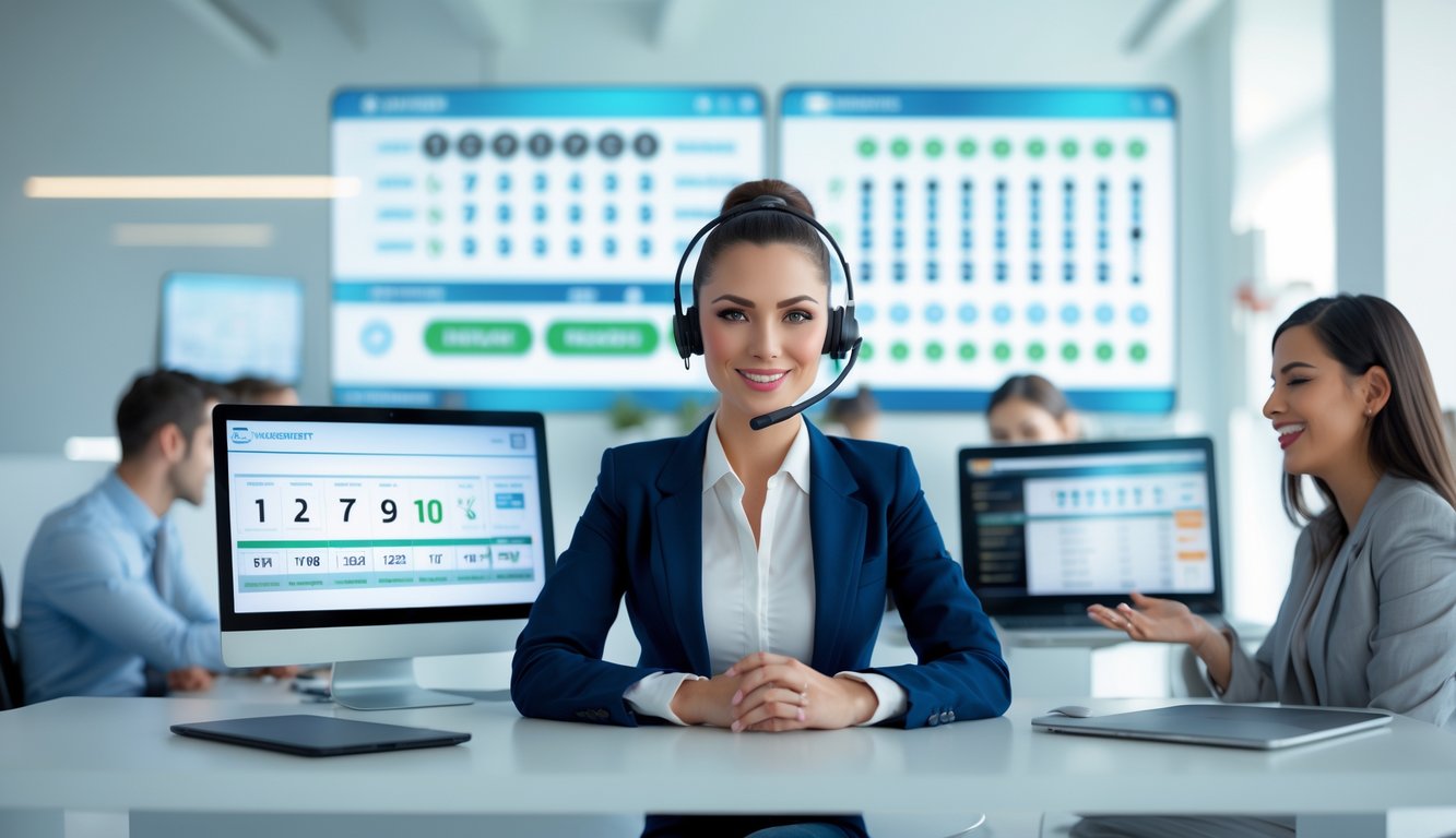 Seorang perwakilan layanan pelanggan duduk di meja dengan beberapa layar komputer, menunjukkan suasana kantor modern dan terpercaya untuk layanan judi togel online.