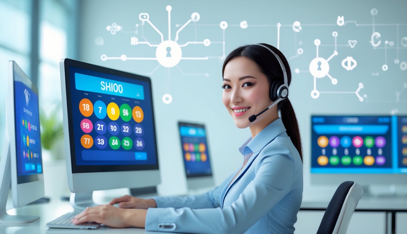 Seorang perwakilan layanan pelanggan yang percaya diri duduk di depan komputer dengan layar menampilkan angka togel dan simbol shio, di lingkungan kantor modern yang terang dan bersih.