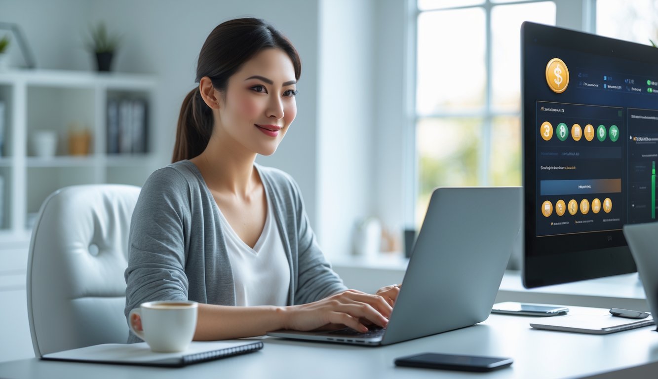 Seorang wanita muda duduk di meja kerja dengan laptop, tampak fokus dan tersenyum saat mendaftar di platform judi togel online.