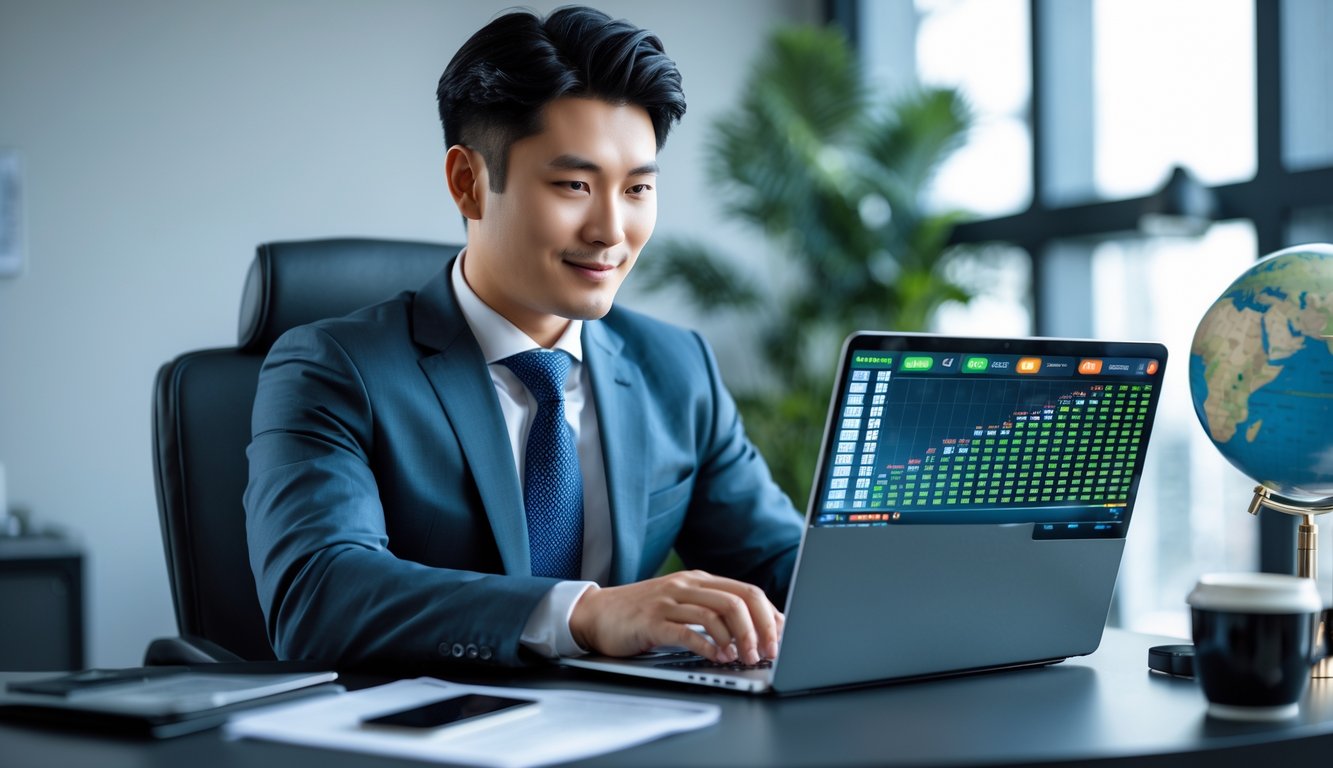 Seorang pria Asia berpakaian rapi duduk di meja kantor modern sambil melihat layar laptop dengan grafik dan angka.