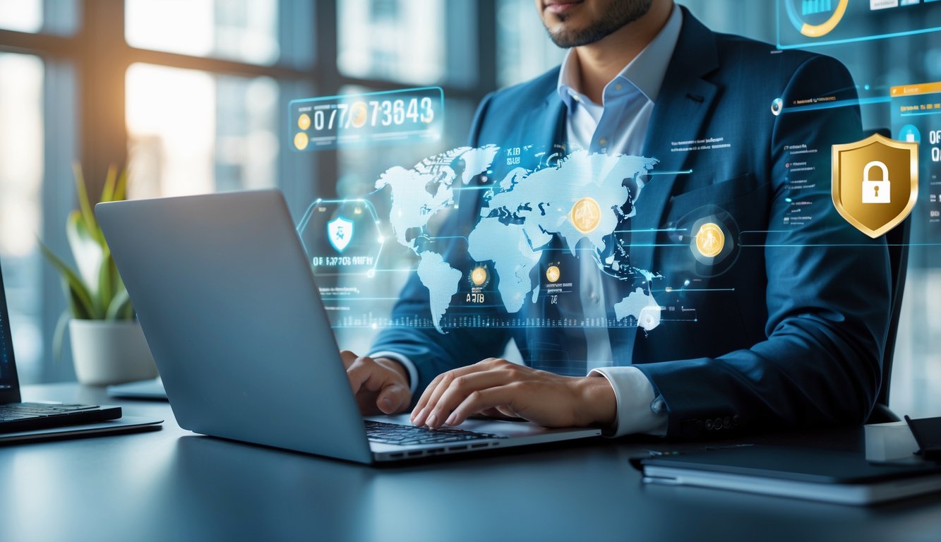 Seorang profesional duduk di meja modern dengan laptop, dikelilingi grafik dan simbol keamanan, menggambarkan agen judi togel online yang terpercaya.