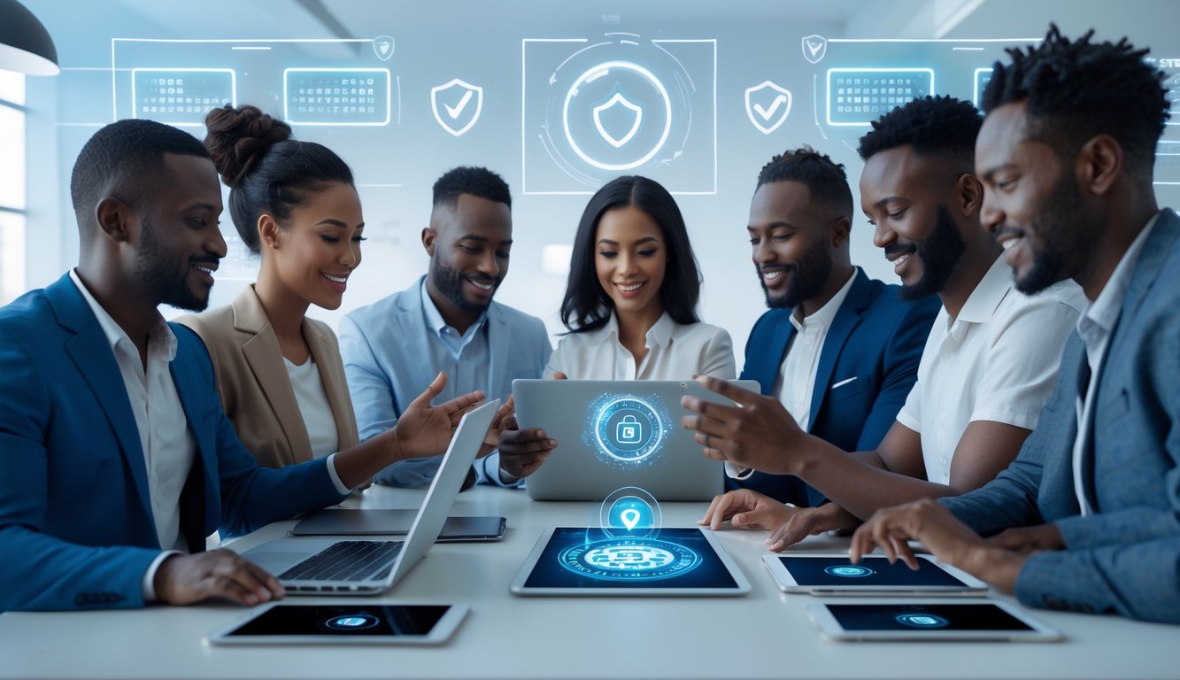 Sekelompok orang yang percaya diri menggunakan perangkat digital di ruang kerja modern yang menunjukkan aktivitas judi togel online dengan suasana aman dan terpercaya.