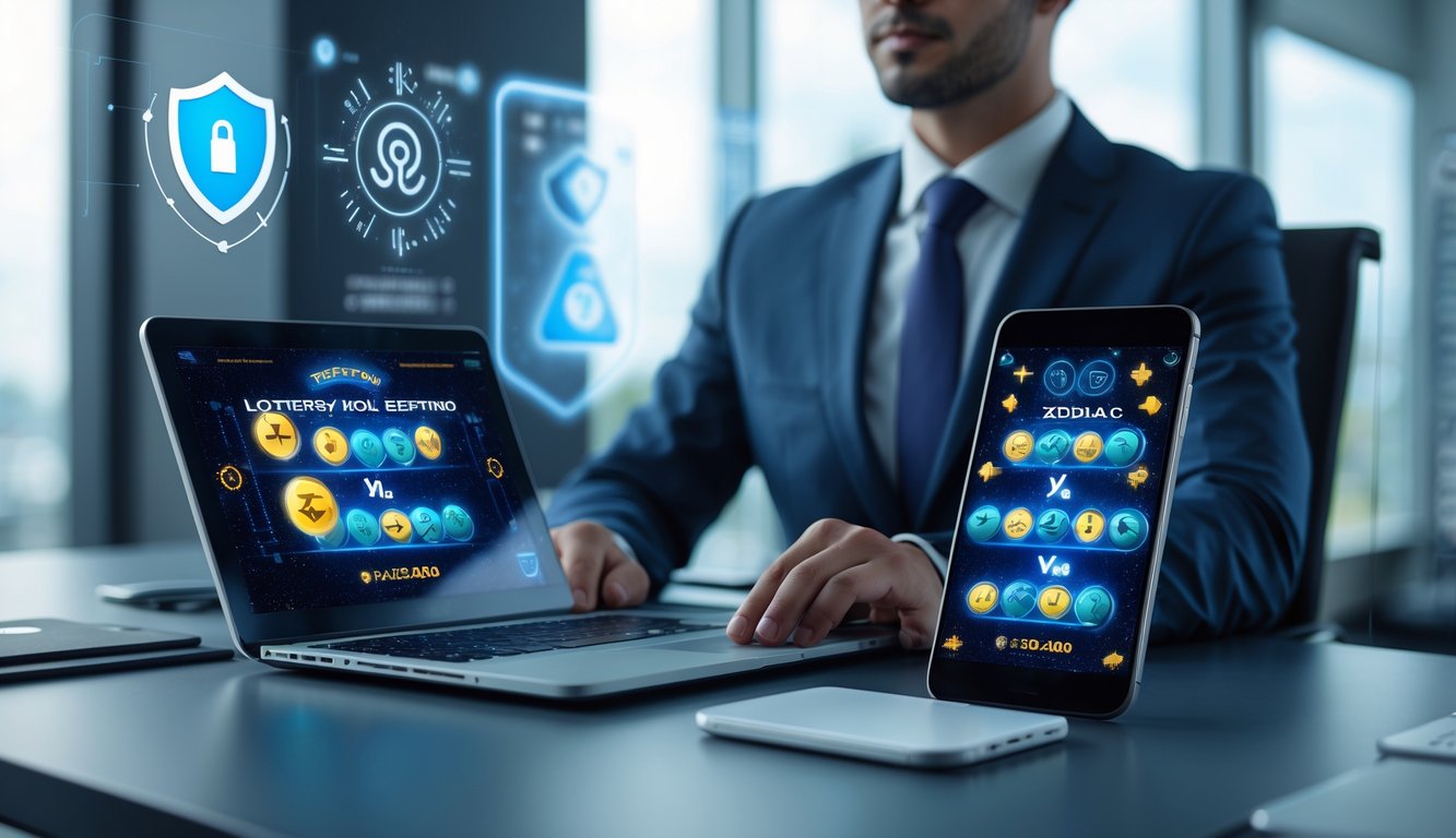 Seorang profesional bisnis duduk di meja modern dengan perangkat digital, menampilkan simbol togel dan shio, di kantor yang terang dan modern dengan elemen keamanan digital di latar belakang.