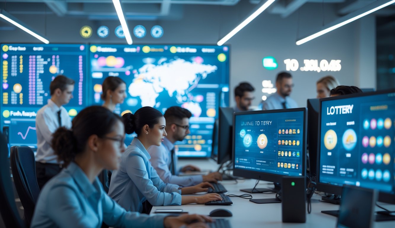Beberapa profesional bekerja di kantor modern dengan beberapa layar komputer yang menampilkan data digital lotere, menunjukkan suasana layanan online yang dapat dipercaya sepanjang waktu.