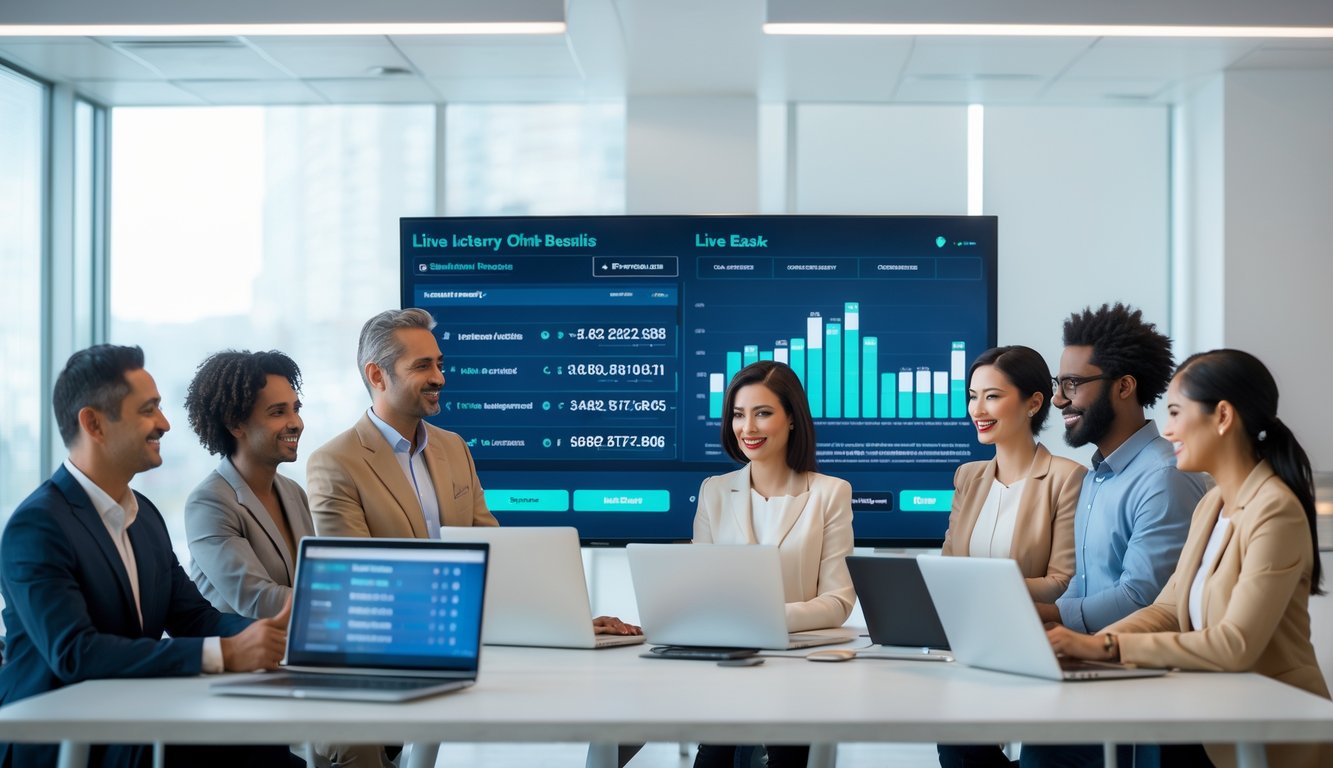 Sekelompok orang dewasa sedang melihat layar digital besar yang menampilkan hasil undian secara langsung di ruang kantor modern.