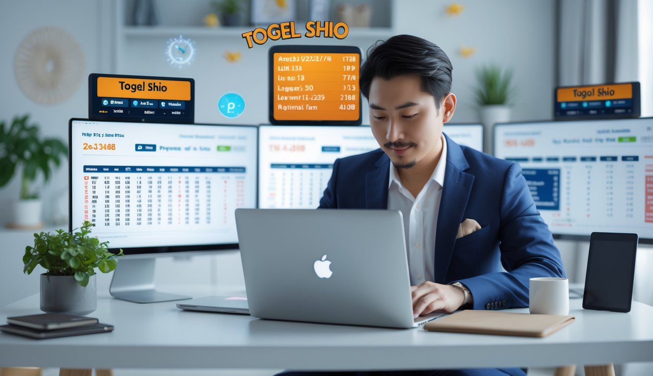 Seorang pria Asia yang percaya diri menggunakan laptop di ruang kerja modern dengan beberapa layar digital menampilkan hasil togel secara langsung.