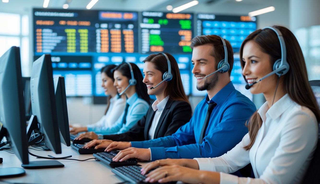 Tim layanan pelanggan yang ramah sedang bekerja di kantor modern dengan komputer dan headset.