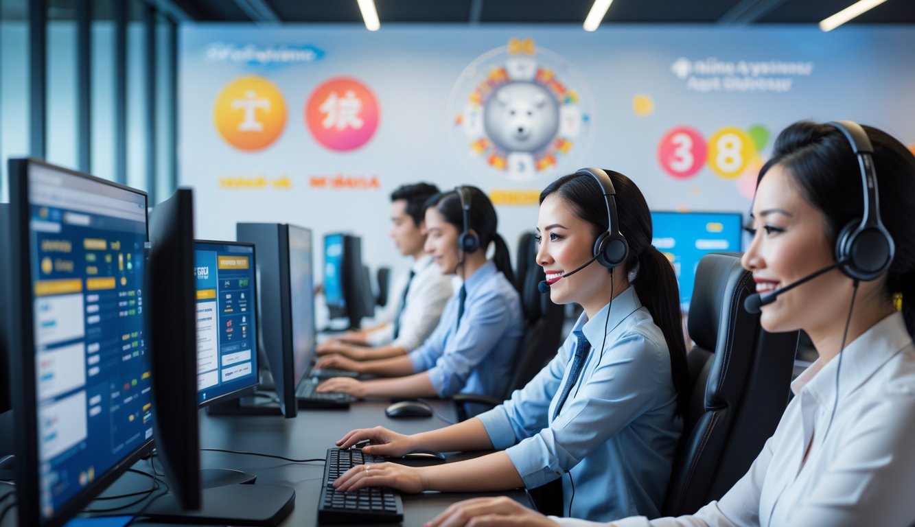 Pusat layanan pelanggan modern dengan staf yang ramah menggunakan headset dan bekerja di komputer dalam suasana kantor yang rapi dan terang.