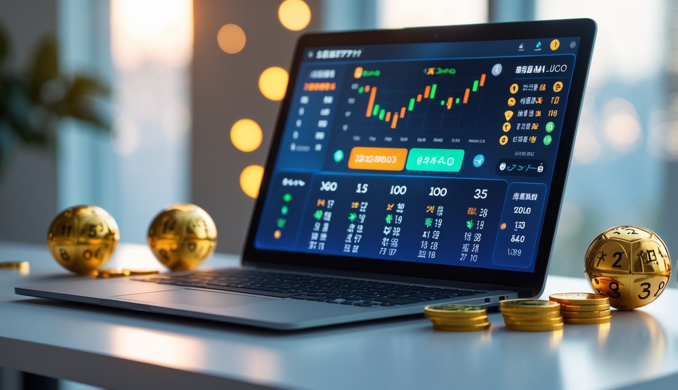 Seorang pengguna komputer di meja dengan tampilan layar yang menunjukkan permainan judi togel online dan simbol keberuntungan seperti koin emas dan bola togel.