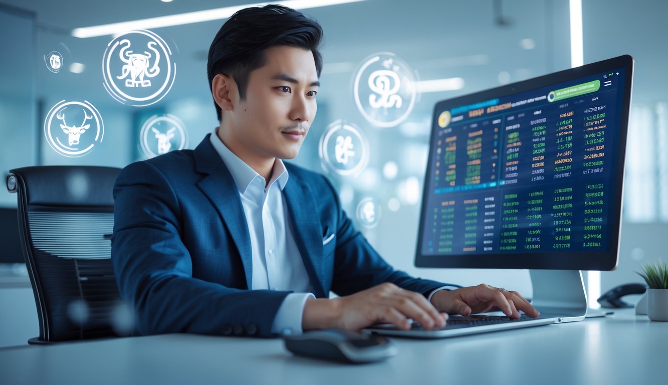 Seorang pria Asia duduk di meja kantor modern dengan laptop, dikelilingi grafik digital bertema togel dan shio, menunjukkan suasana profesional dan terpercaya.