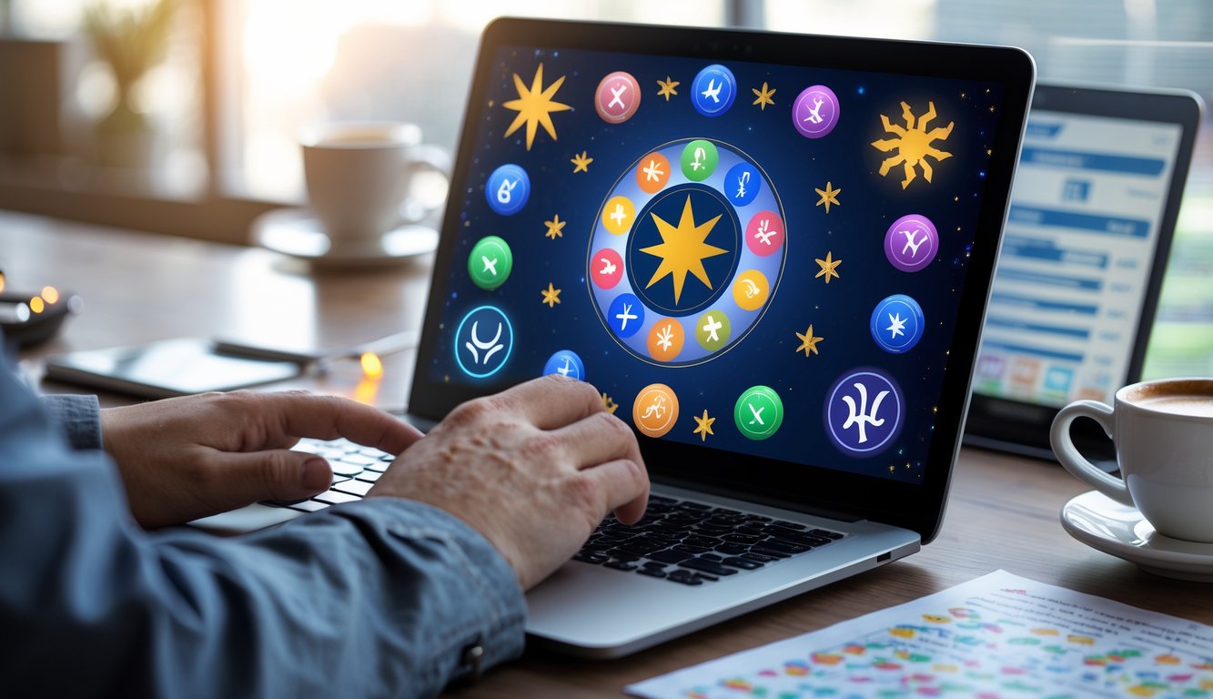 Orang menggunakan laptop dengan simbol zodiak dan elemen lotre di meja kerja modern.