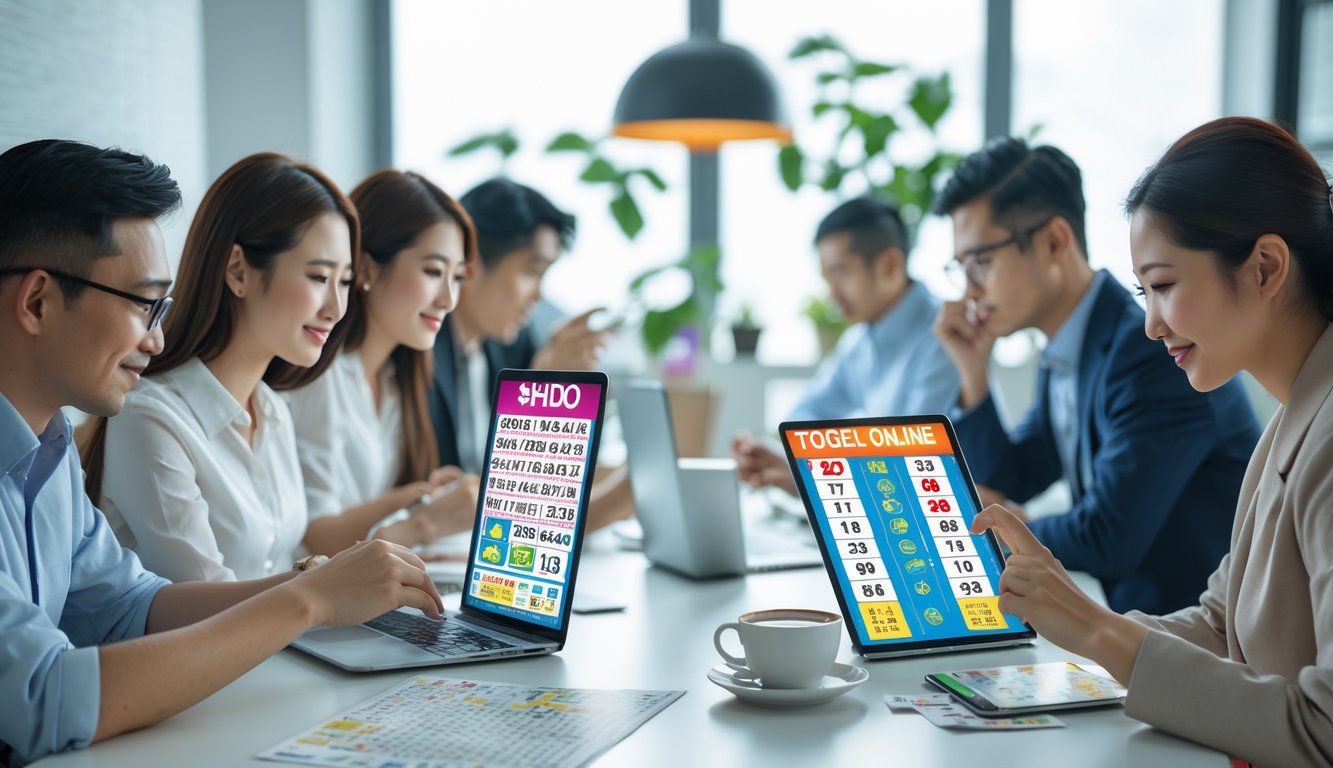 Beberapa orang menggunakan perangkat digital untuk bermain judi togel online dengan simbol shio di layar dalam suasana ruangan yang terang dan rapi.