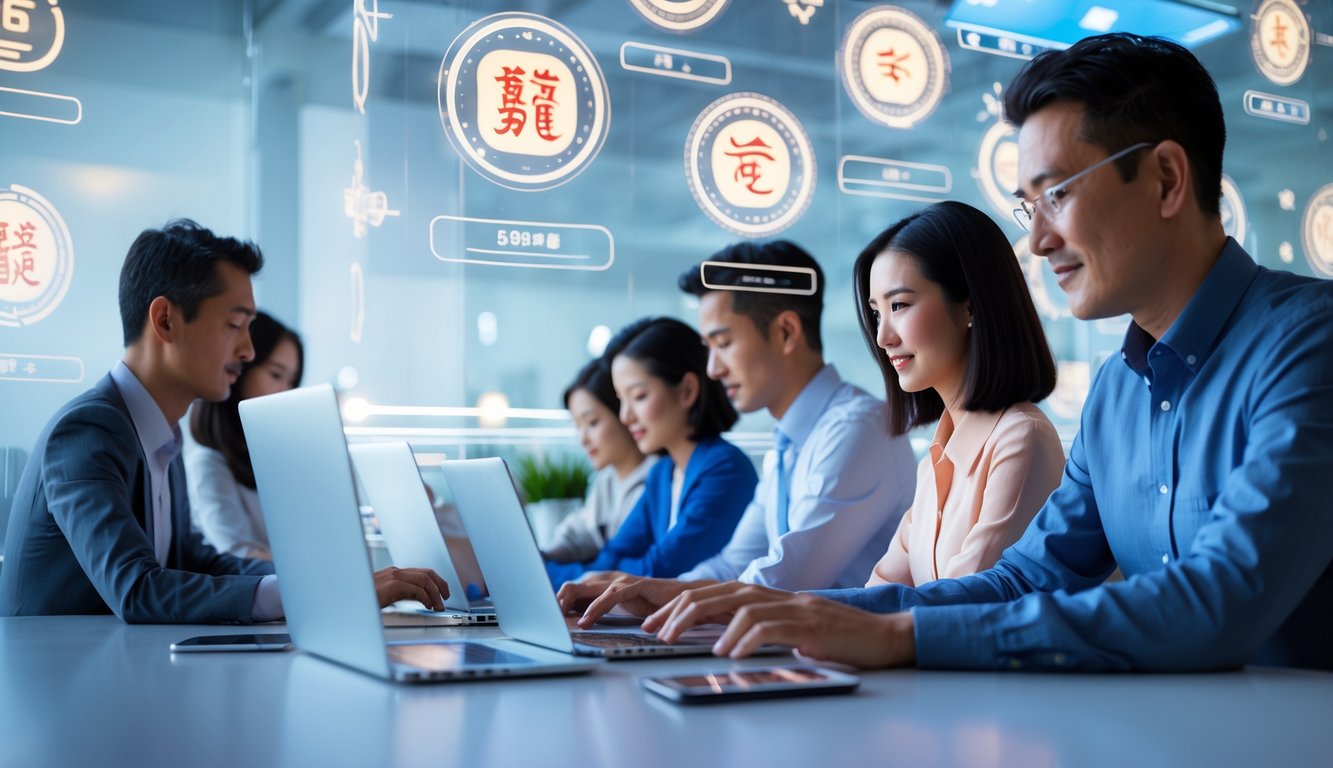 Orang-orang menggunakan laptop dan ponsel di kantor modern dengan simbol zodiak Asia dan angka togel di layar.