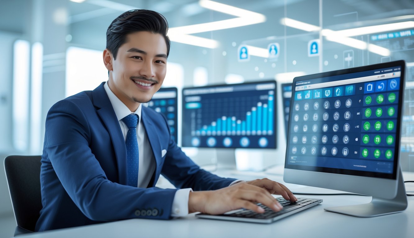 Seorang agen judi togel online yang percaya diri sedang bekerja di meja kantor modern dengan laptop dan layar komputer yang menampilkan angka togel.