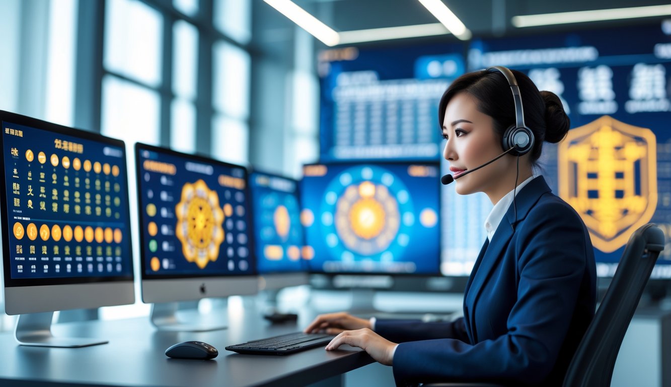 Seorang agen layanan pelanggan profesional duduk di depan beberapa monitor komputer dengan simbol togel dan shio, di kantor modern yang menunjukkan suasana terpercaya dan teknologi tinggi.