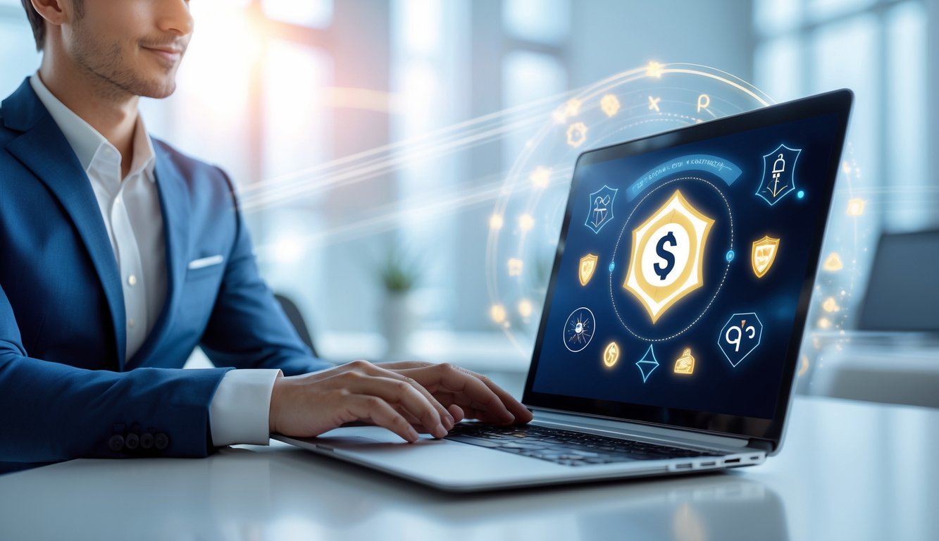 Seorang dewasa muda menggunakan laptop di kantor modern dengan simbol transaksi aman dan permainan togel online.