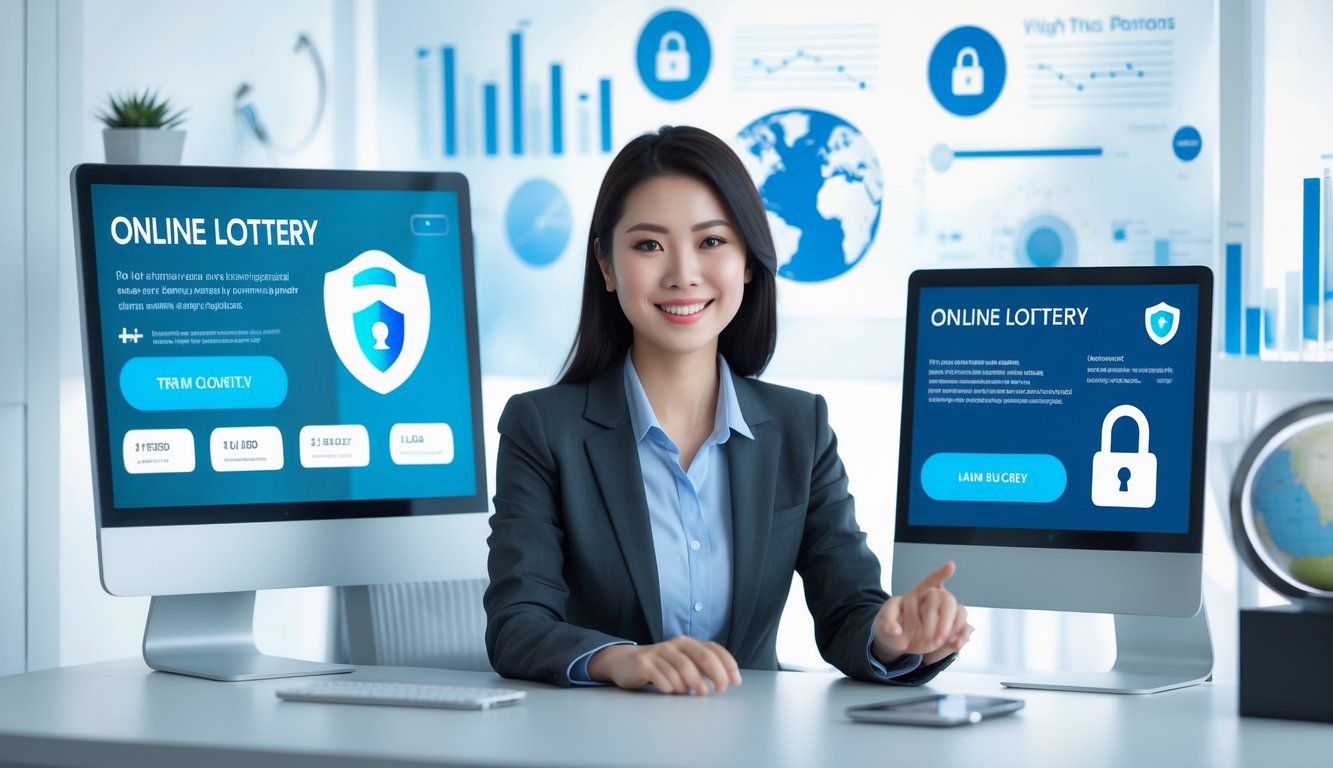 Seorang wanita bisnis Asia duduk di meja modern dengan beberapa perangkat digital yang menampilkan antarmuka transaksi togel online yang aman.