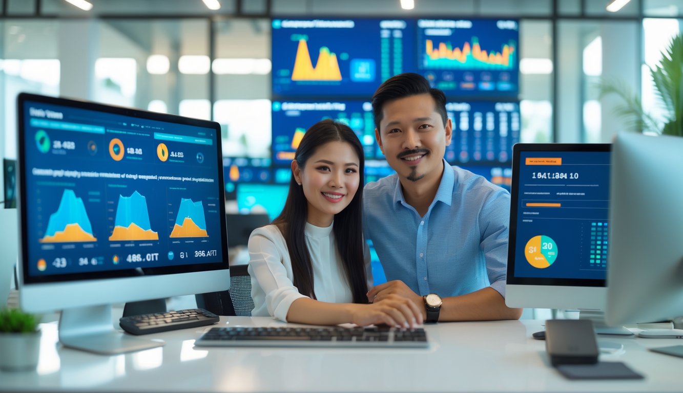 Dua orang profesional sedang bekerja bersama di kantor modern dengan layar komputer yang menampilkan data pasar togel online.