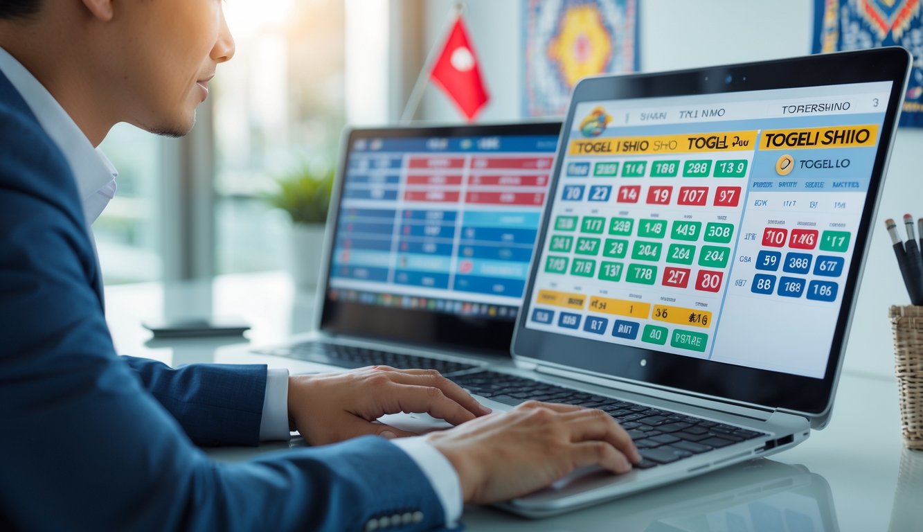 Seorang agen judi togel online sedang bekerja dengan laptop di meja kerja yang rapi, menampilkan layar dengan berbagai pasar togel dan data terkait.