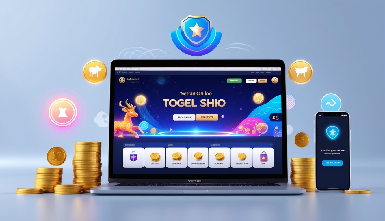Seorang pengguna muda yang percaya diri menggunakan laptop dengan tampilan situs judi togel shio online terpercaya, dikelilingi ikon keamanan dan simbol bonus.