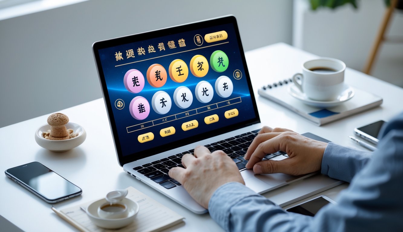 Seorang pengguna bekerja dengan laptop yang menampilkan antarmuka lotere online dengan simbol shio dan angka, di meja terdapat ponsel, kopi, dan buku catatan.
