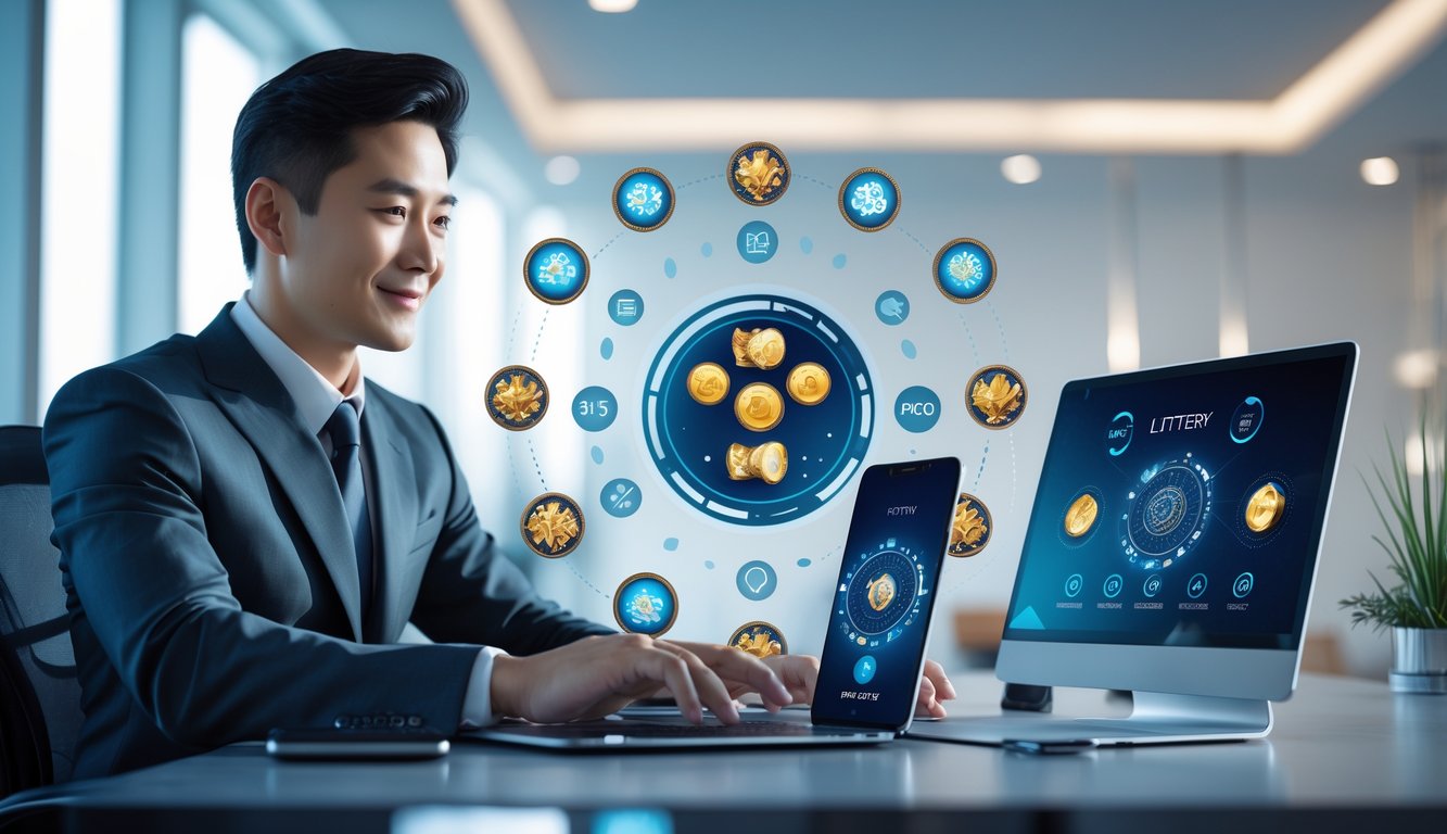 Seorang pria bisnis Asia duduk di meja dengan perangkat digital yang menampilkan simbol togel dan shio, di dalam kantor modern yang terang dan rapi.