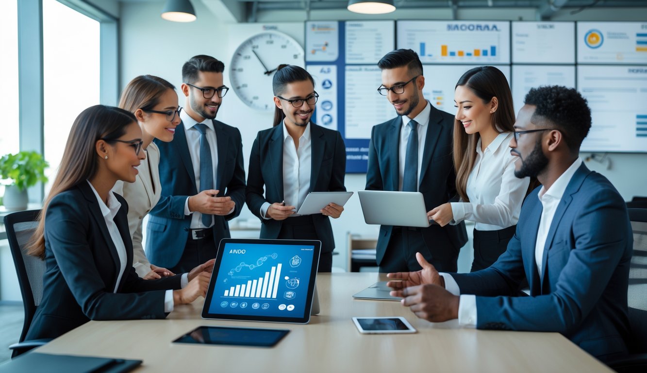 Sekelompok profesional bisnis sedang berdiskusi di kantor modern dengan perangkat digital yang menampilkan grafik keuangan.