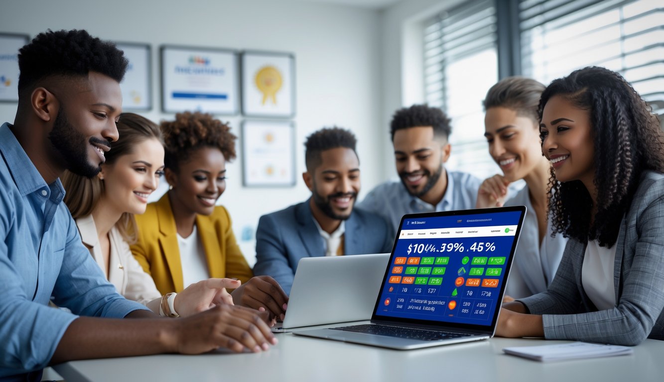 Sekelompok orang profesional sedang menggunakan perangkat digital di kantor modern dengan suasana percaya diri dan fokus.