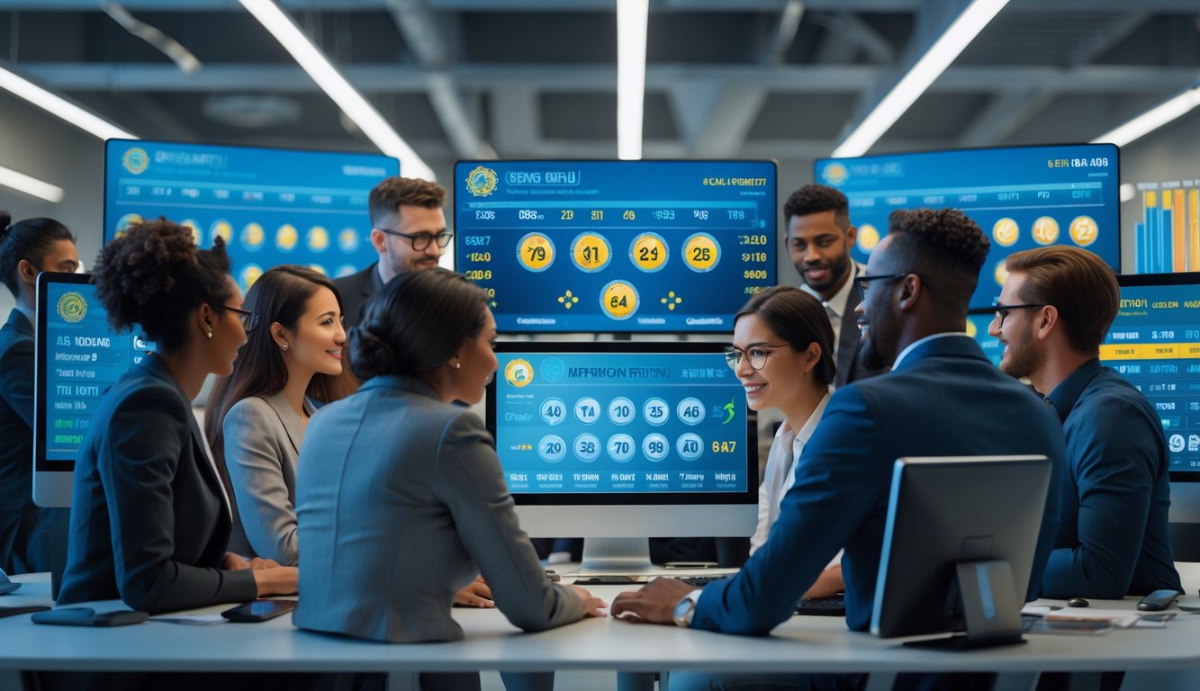 Sekelompok orang profesional sedang bekerja bersama di depan komputer dengan layar yang menampilkan grafik dan simbol togel shio.