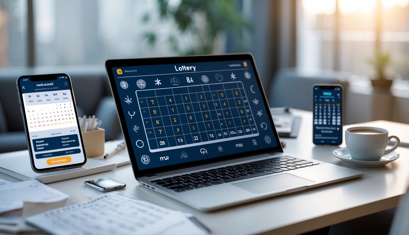 Meja kerja modern dengan laptop yang menampilkan grafik dan simbol shio, dikelilingi catatan dan secangkir kopi, menggambarkan layanan prediksi togel shio online terpercaya.
