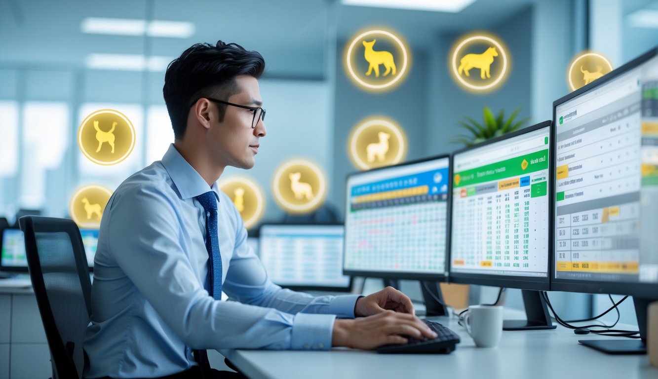 Seorang agen judi togel sedang bekerja di kantor modern dengan komputer dan simbol shio di latar belakang.