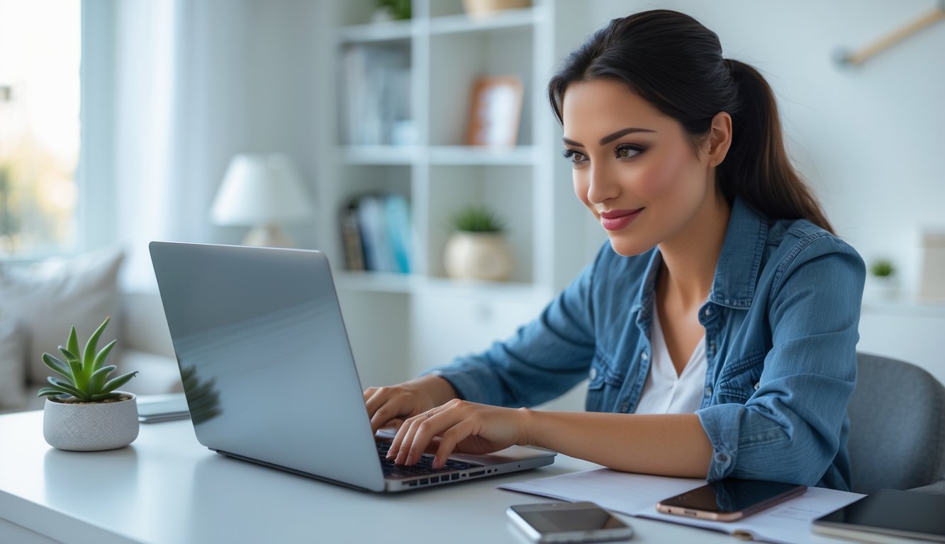 Seorang wanita muda duduk di meja kerja dengan laptop dan ponsel, tampak fokus dan tersenyum di ruang kerja rumah yang terang.