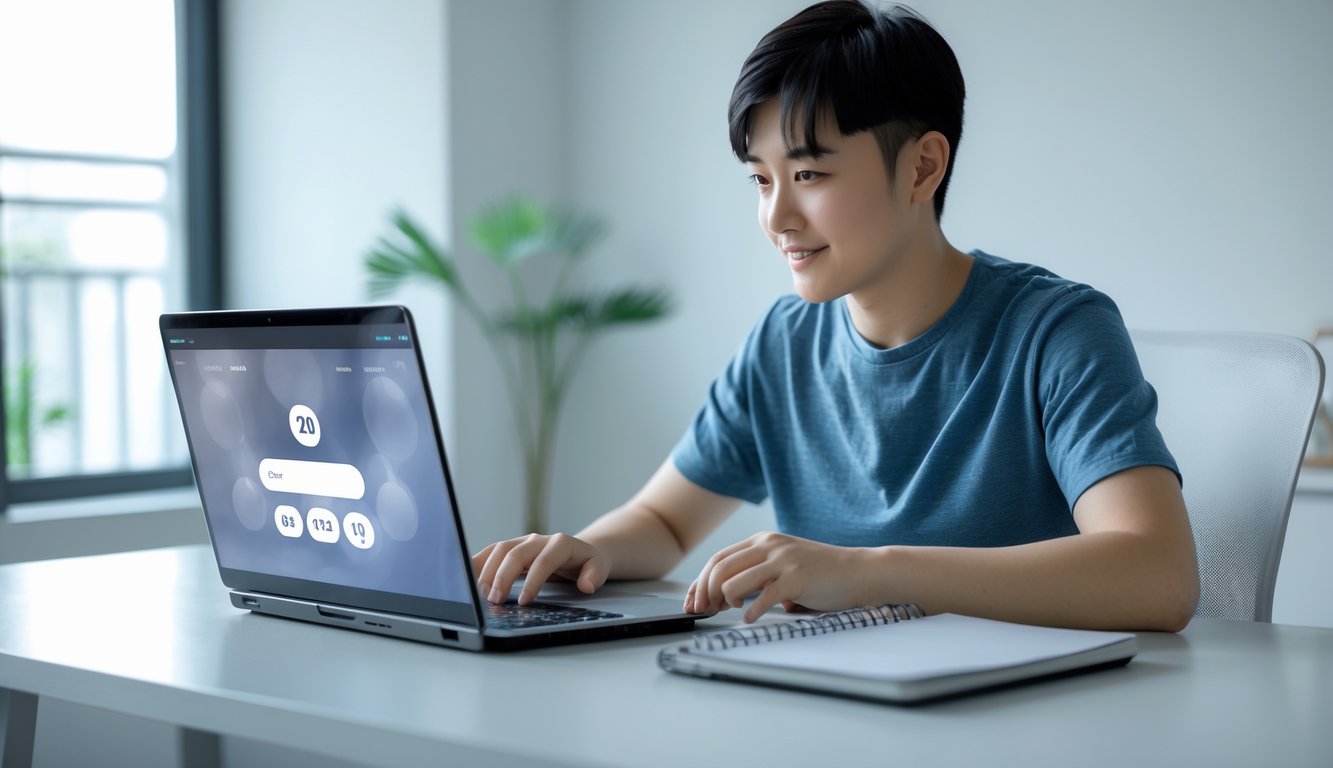 Seorang dewasa muda duduk di meja kerja menggunakan laptop dengan ponsel dan buku catatan di dekatnya, di ruangan yang terang dan rapi.