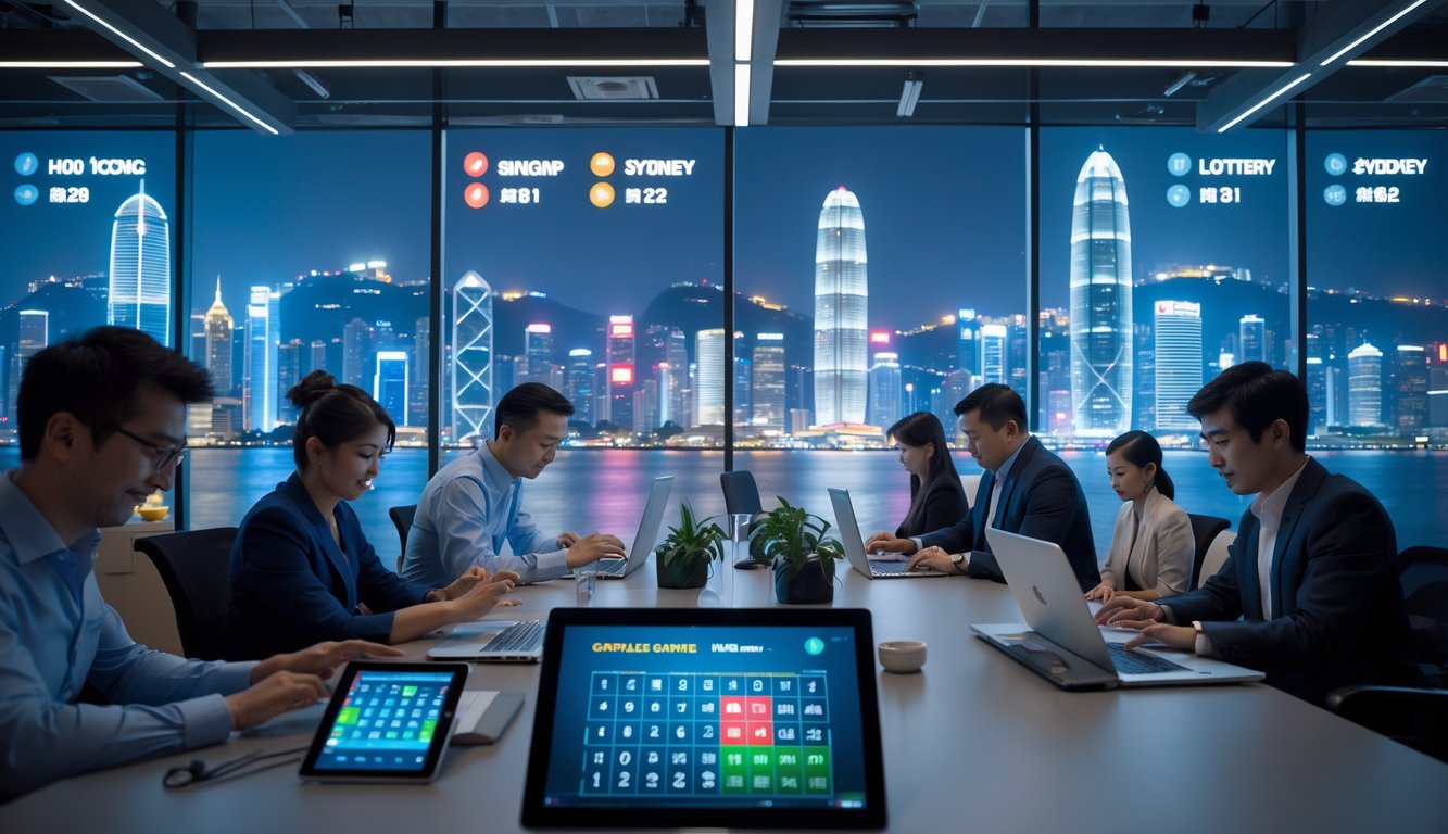 Orang-orang di kantor modern menggunakan perangkat digital untuk bermain judi togel online dengan latar kota-kota besar seperti Hong Kong, Singapura, dan Sydney.