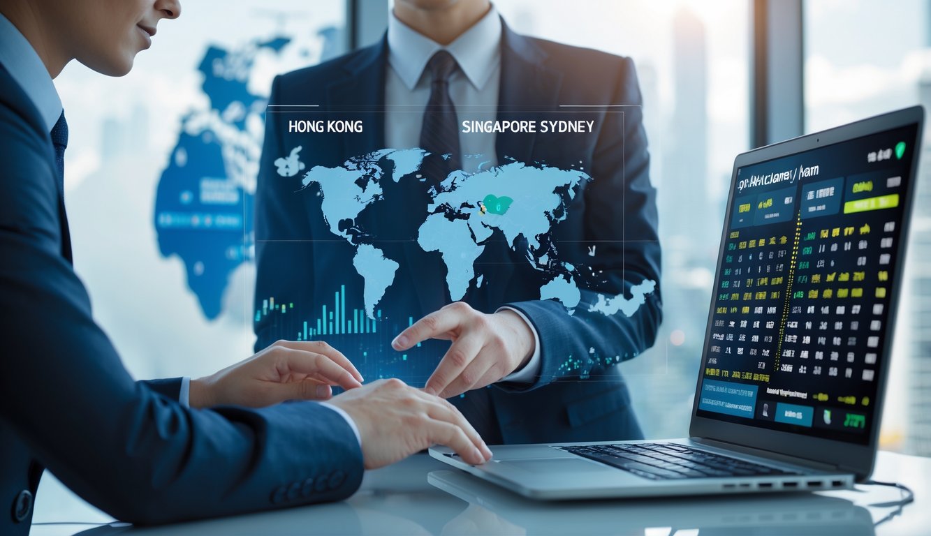 Seorang agen judi togel online yang percaya diri bekerja di kantor modern dengan laptop dan layar yang menampilkan angka togel dari pasar Hongkong, Singapura, dan Sydney.