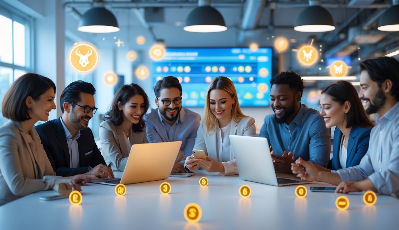 Sekelompok orang bekerja bersama di kantor modern menggunakan perangkat digital untuk aktivitas lotere online.