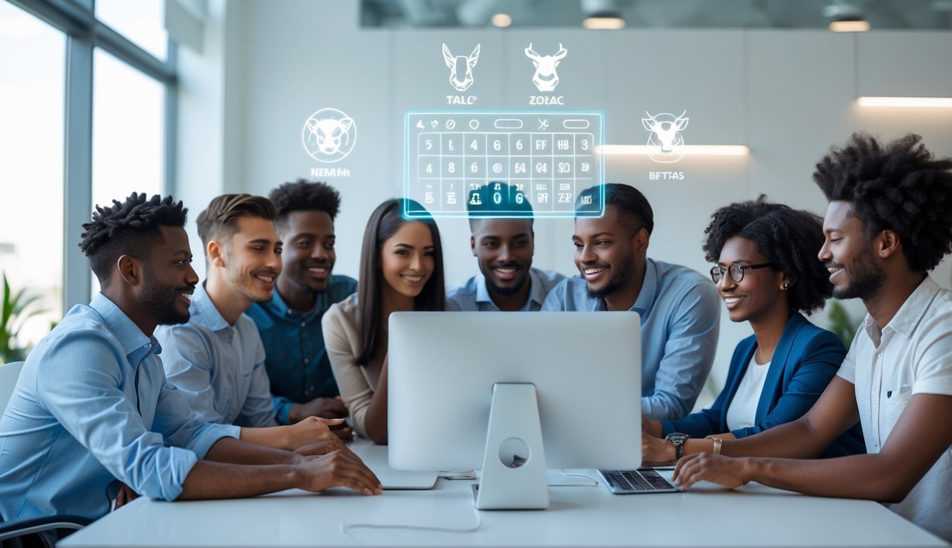 Sekelompok orang bekerja bersama di depan komputer dengan elemen digital seperti angka dan ikon shio di ruang kantor yang terang.